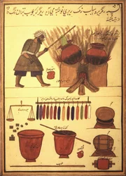 Ein arabischer Färber färbt Stoff und die Werkzeuge seines Handwerks (Tinte auf Pergament)